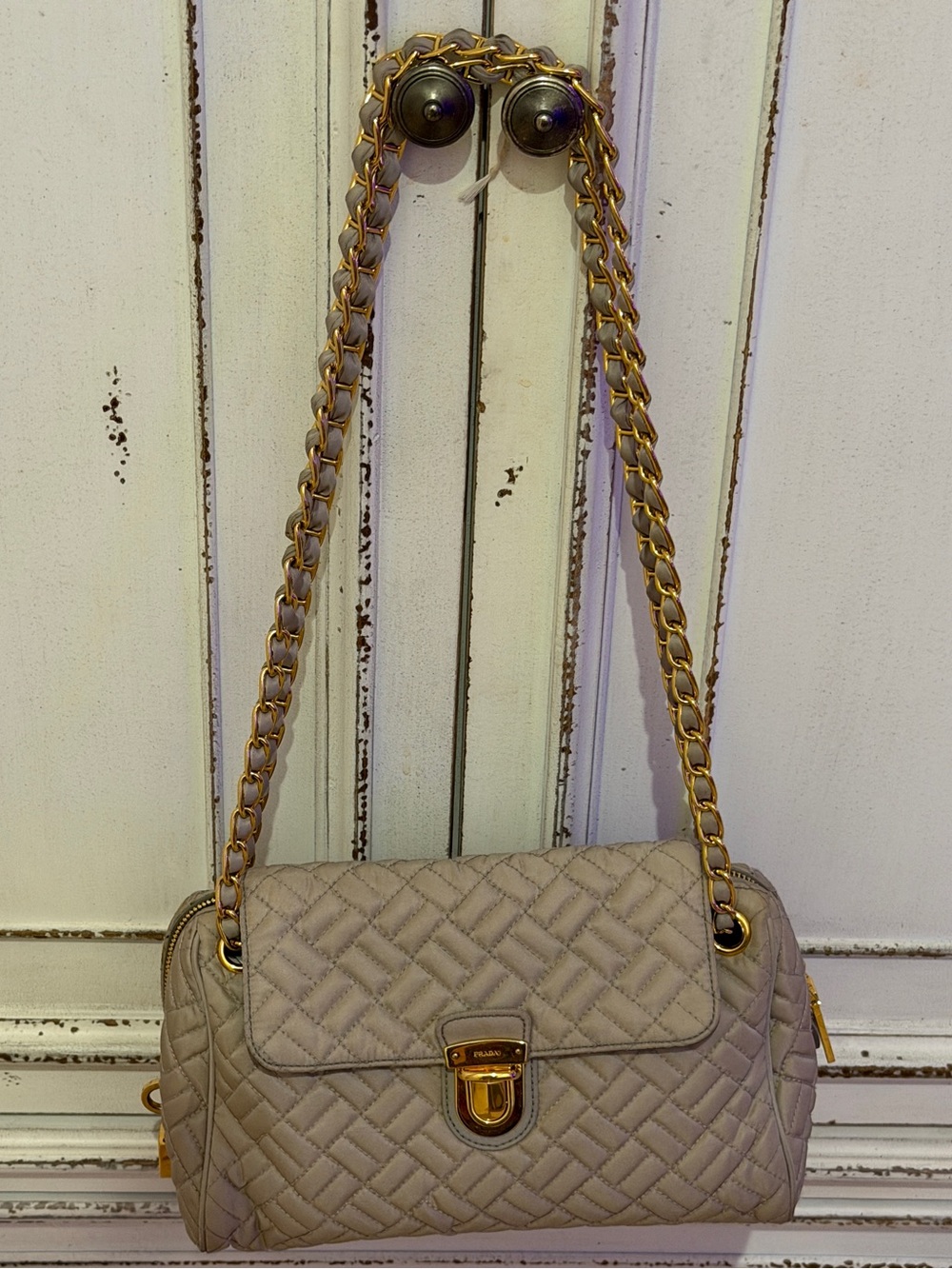 Prada Beige Nylon Shoulder Bag with Gold Hardware